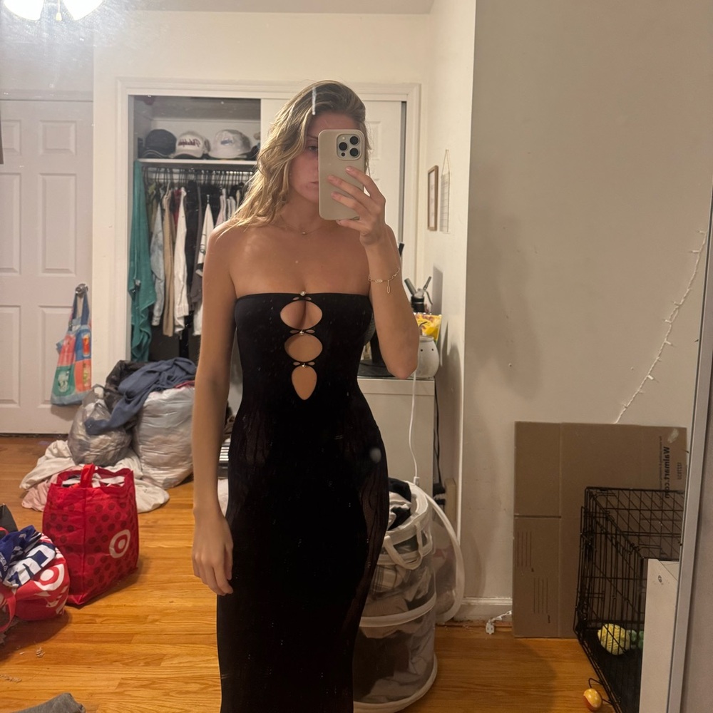 Black Mesh Cutouts Strapless Dress full length